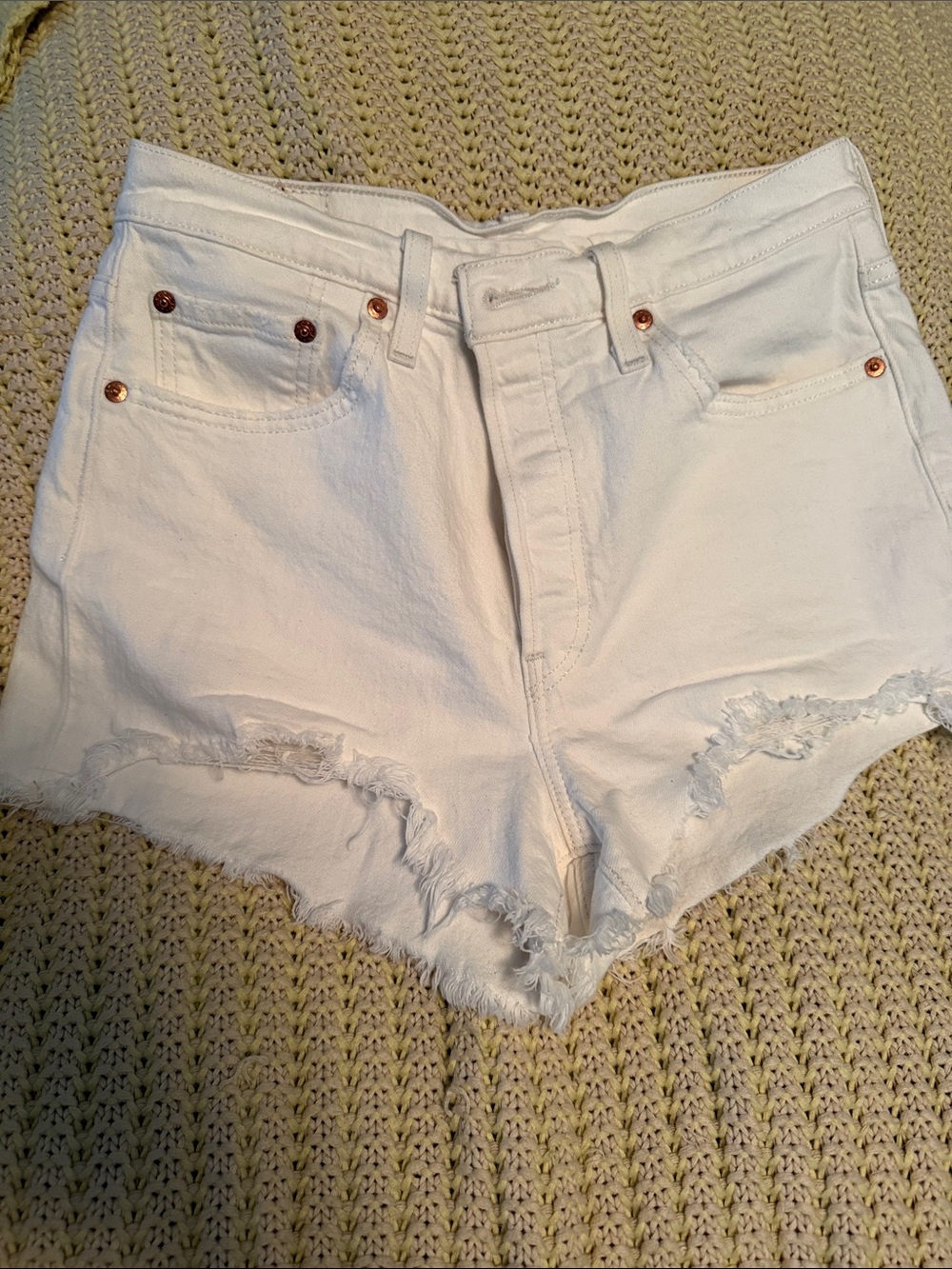 Levi's White Frayed Hem High-Waist Denim Shorts